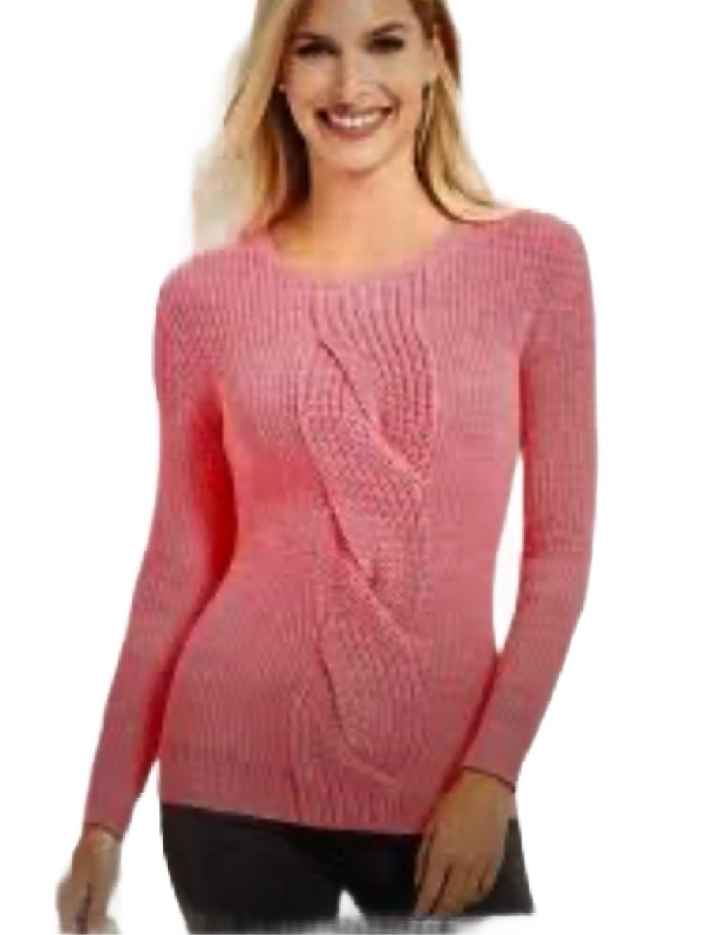 Talbots Marled Bright Pink Braided Cable Knit Chunky Sweater Ribbed Crewneck